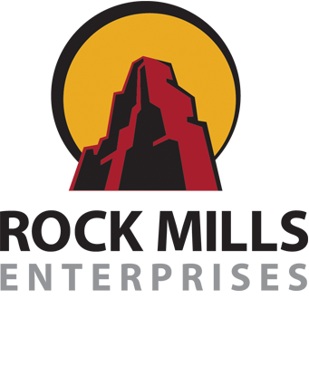 Rock Mills Enterprise logo: red mountain with yellow sun behind it